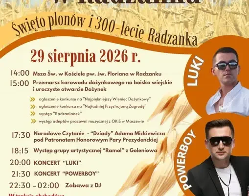 Dożynki Gminne w Radzanku 2026: Święto plonów i 300-lecie wsi